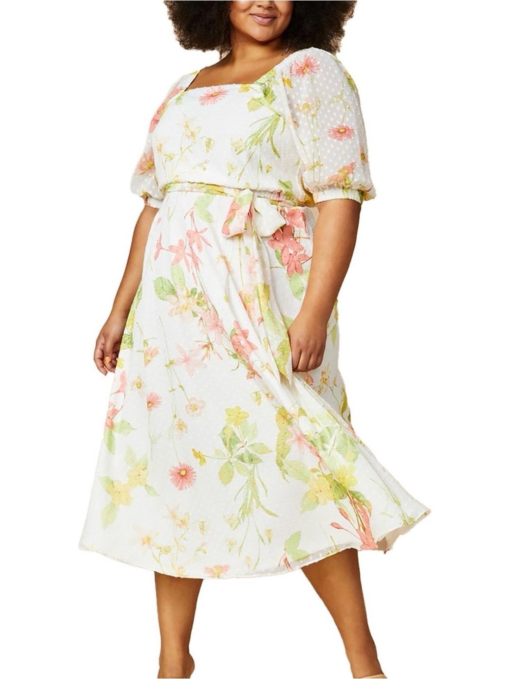 Anne Klein Floral Swiss Dot Puff Sleeve Cottagecore Midi Dress M N0144